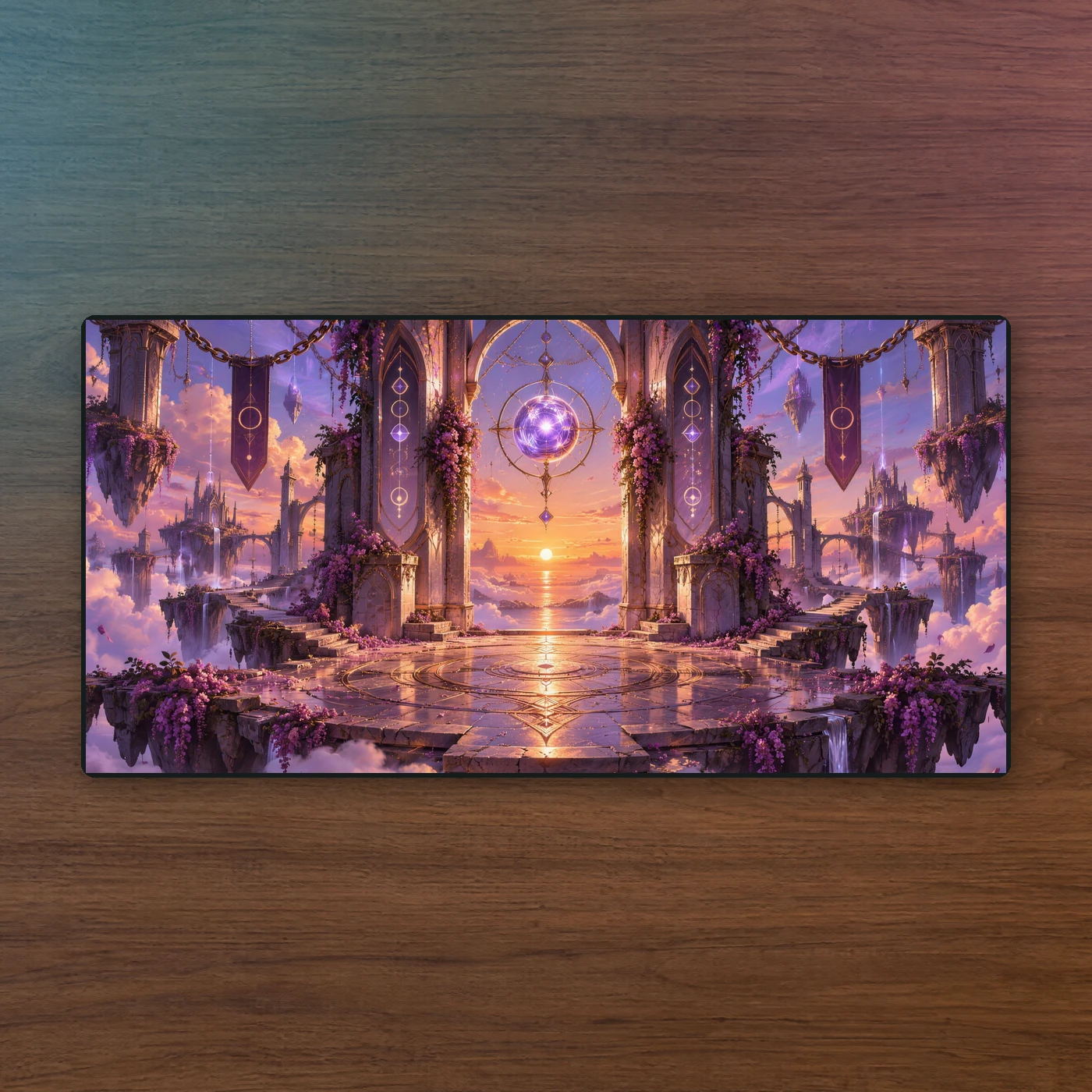 Arcane Dawn playmat on walnut