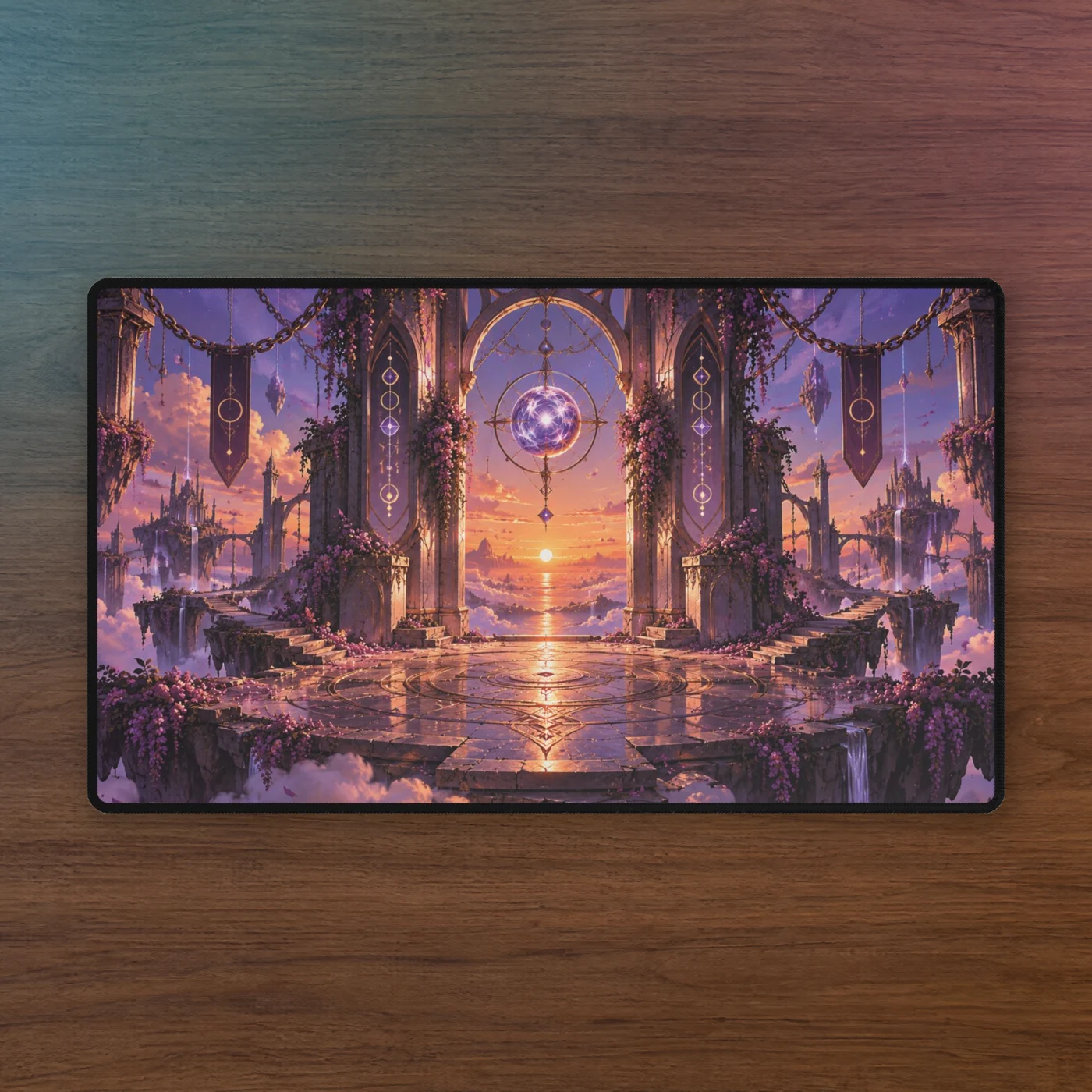 Arcane Dawn playmat on a walnut desk