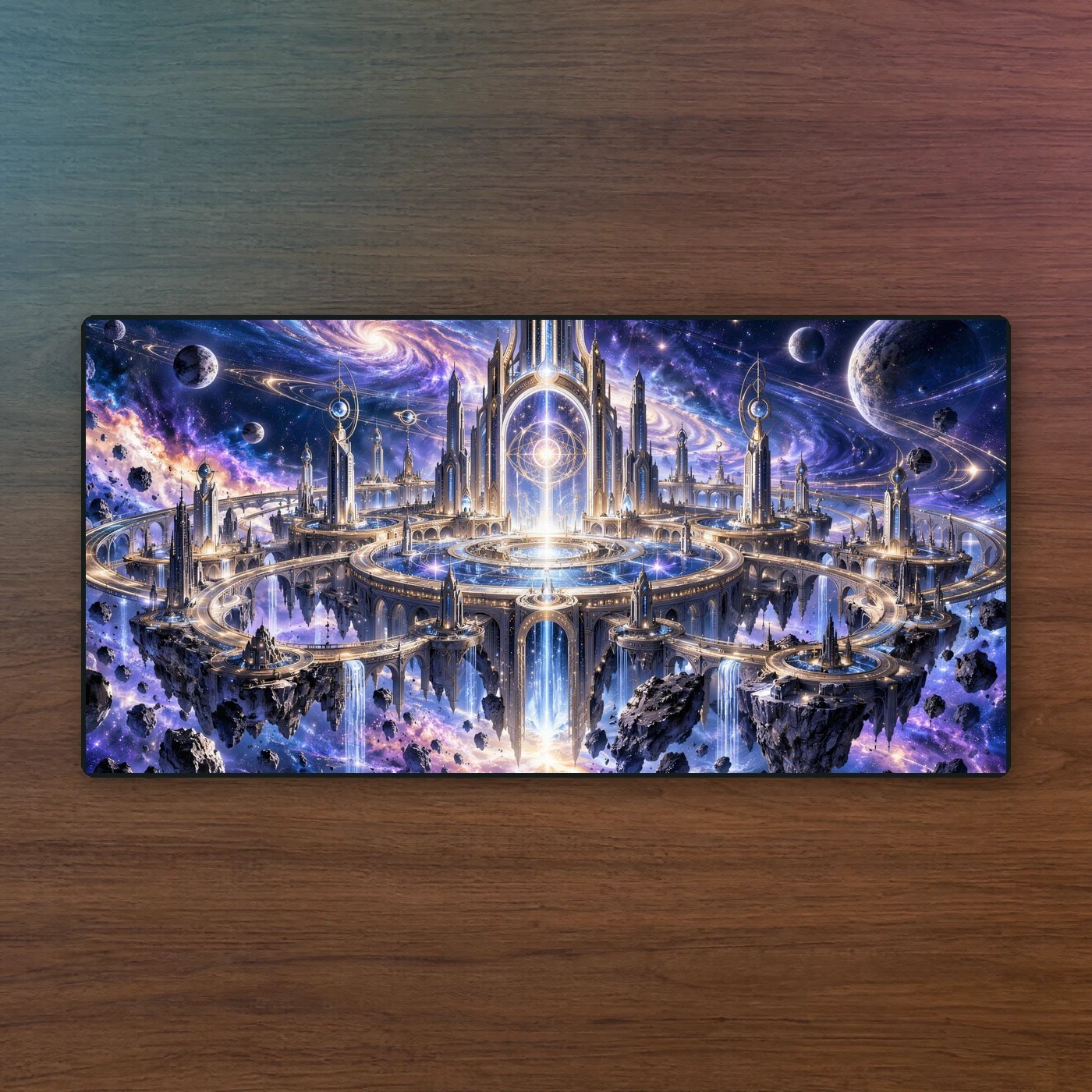 Cosmic Citadel playmat on walnut