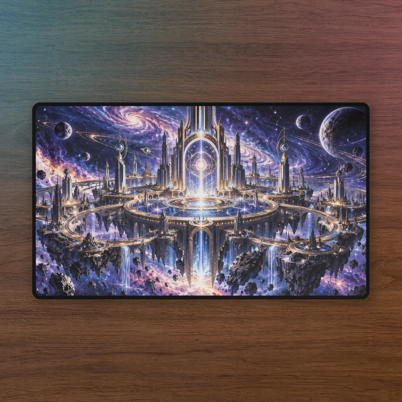 Cosmic Citadel playmat on a walnut desk