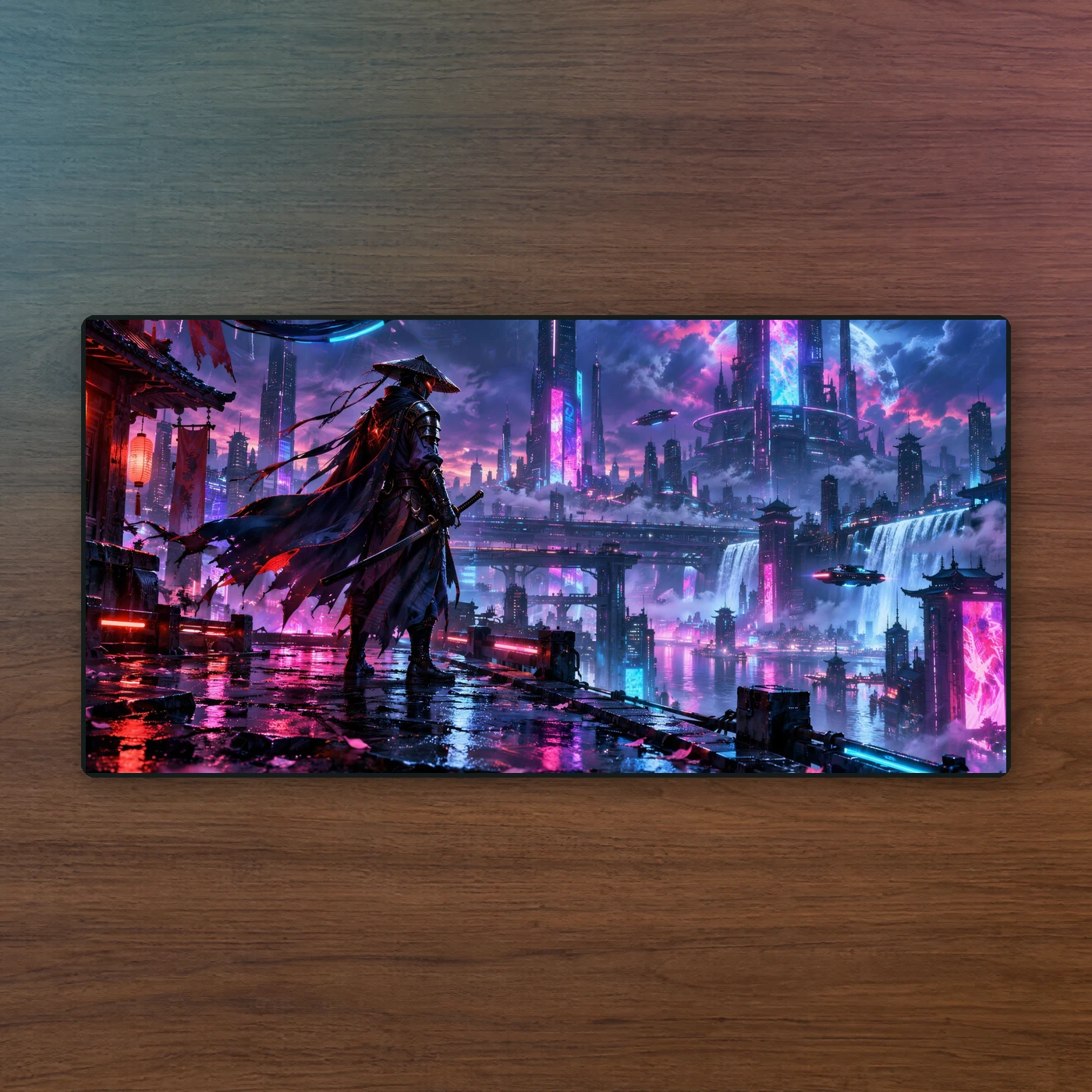 Neon Ronin playmat on walnut