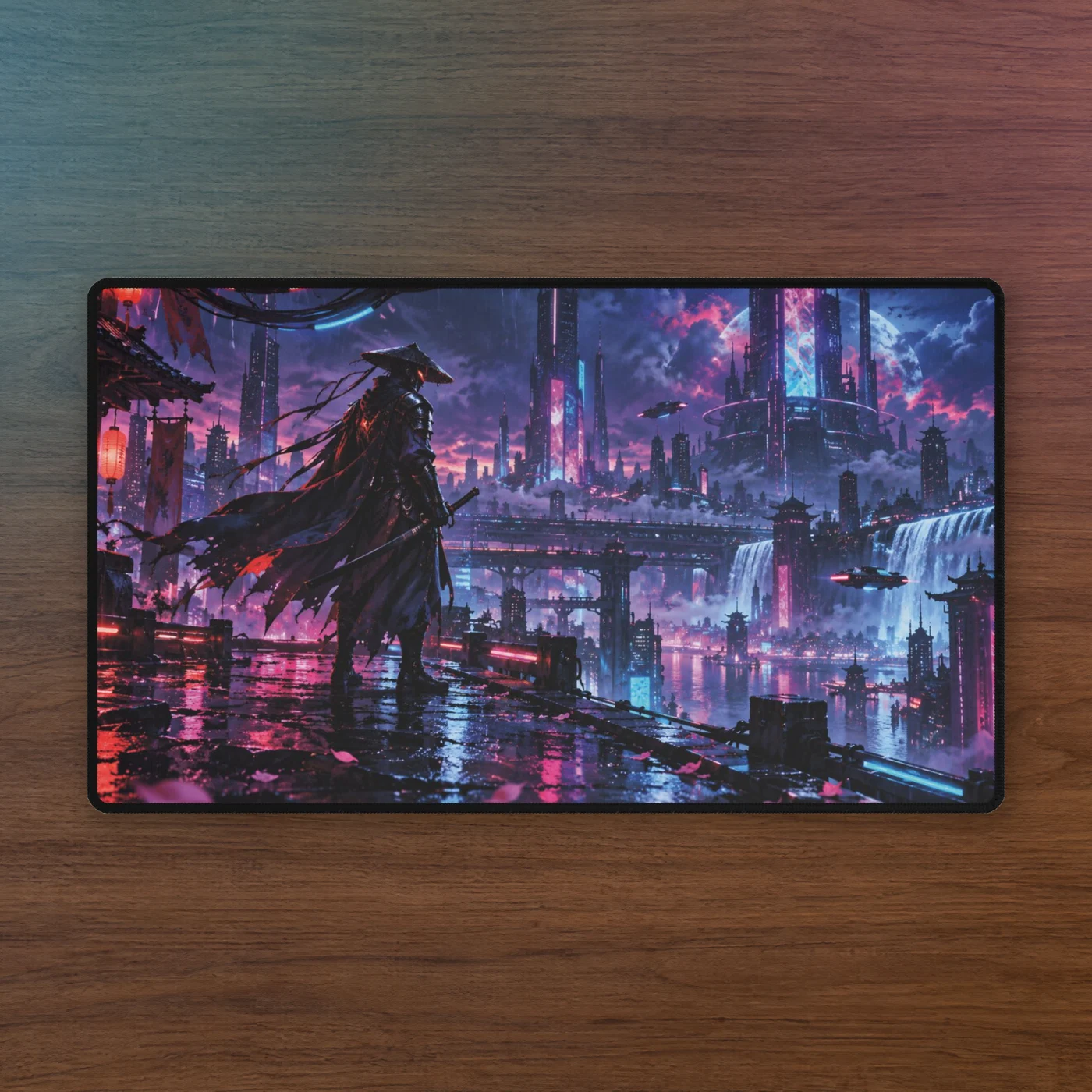 Neon Ronin playmat on walnut