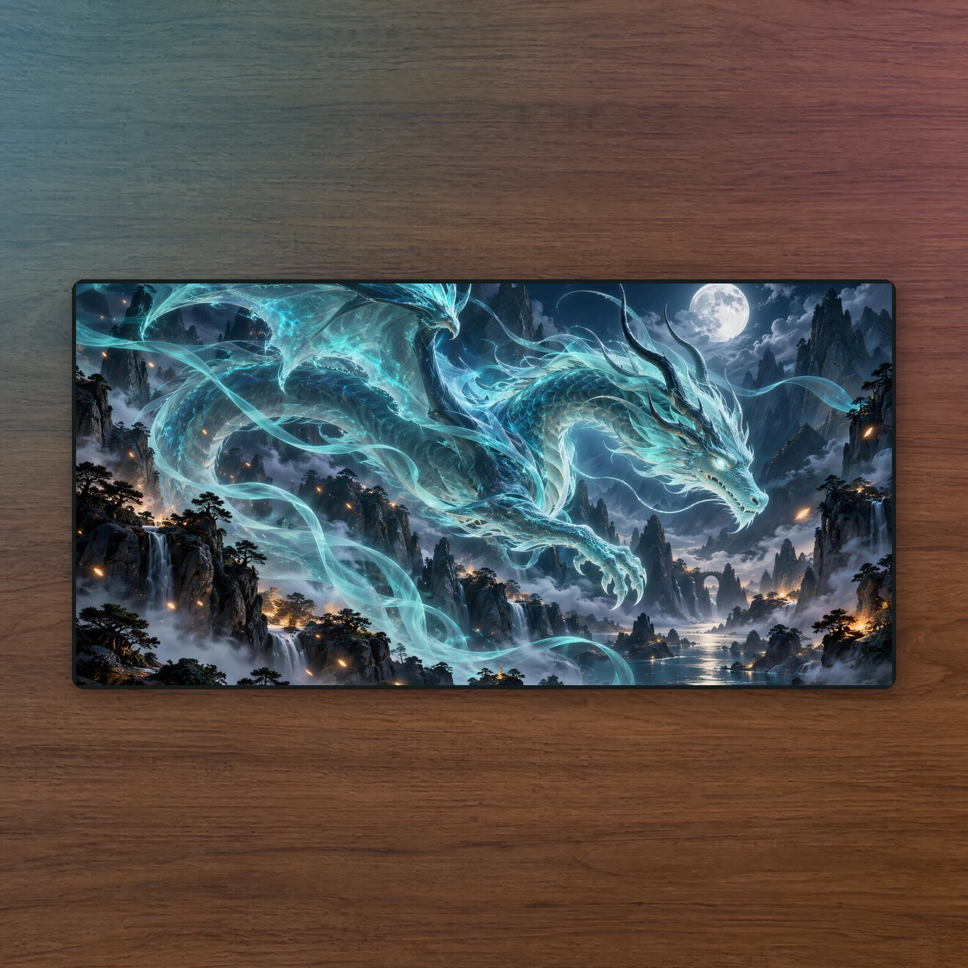Spectral Dragon playmat on walnut