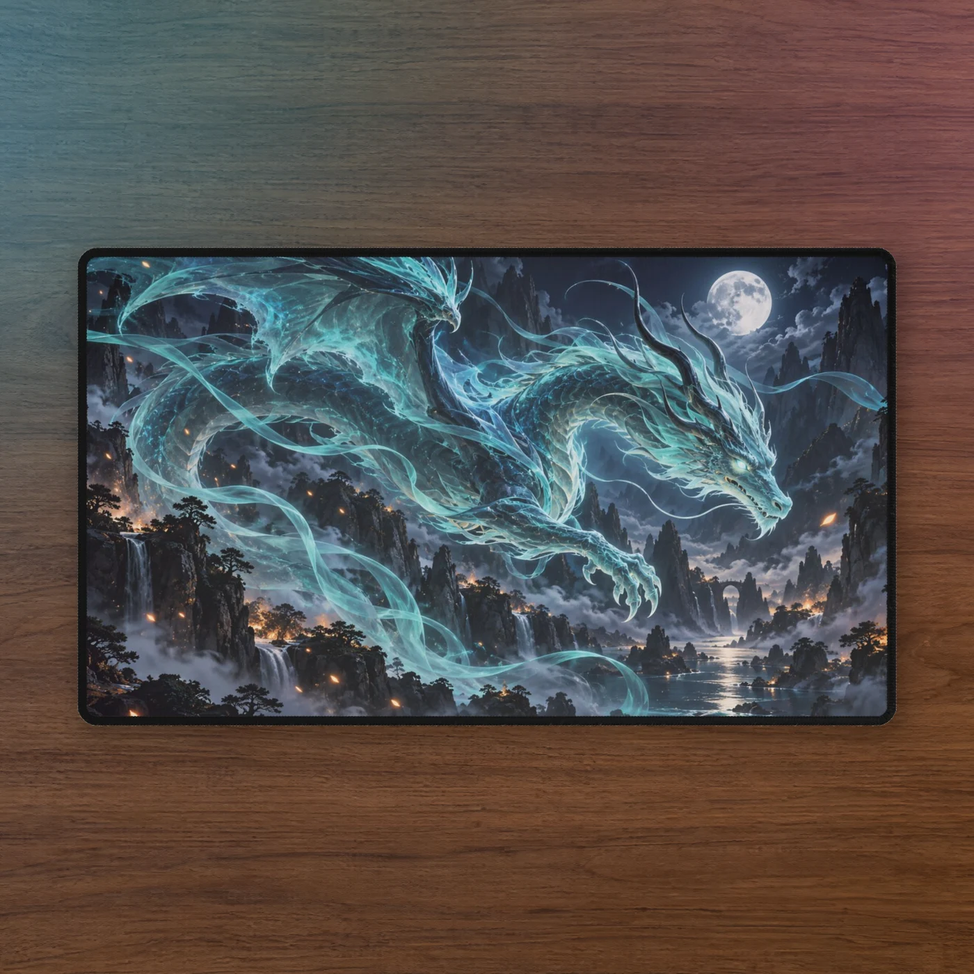 Spectral Dragon playmat on walnut